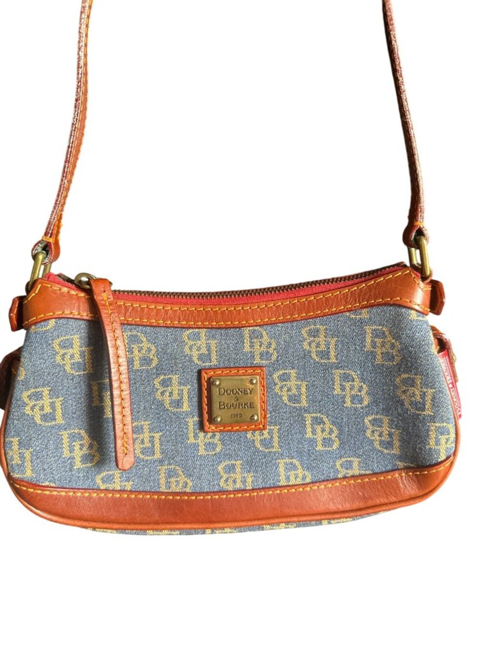 Dooney & Bourke Denim Monogram Shoulder Bag With Leather Trim & Adjustable Strap